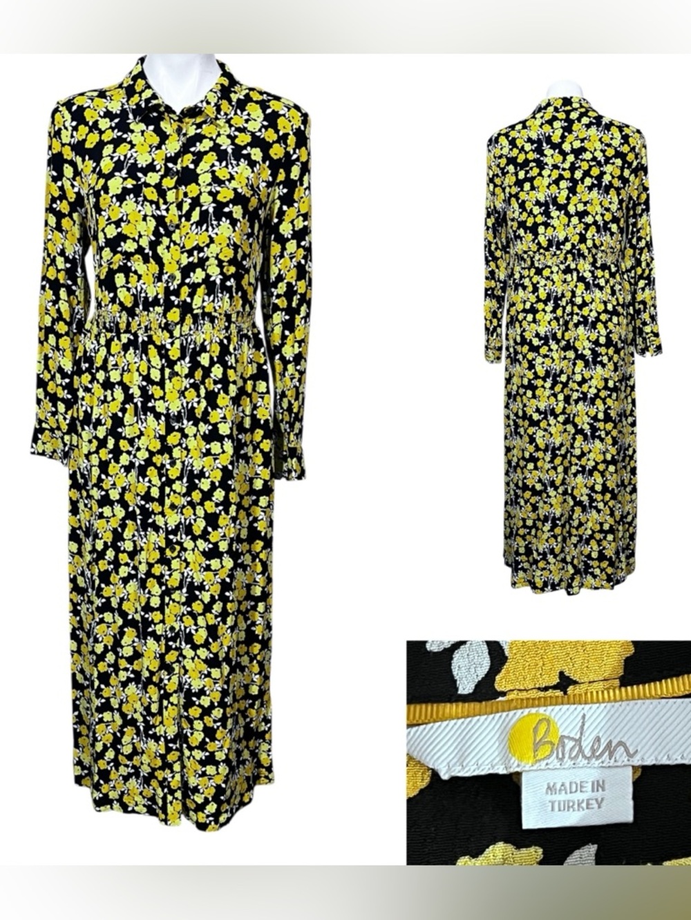 Boden Jessie Maxi Shirt Dress 12R yellow/black floral 3/4 sleeve stretch waist